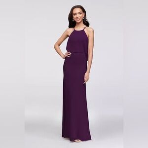 DAVID'S BRIDAL - Flounced Crinkle Chiffon Sheath Halter Dress in plum. Size 10
